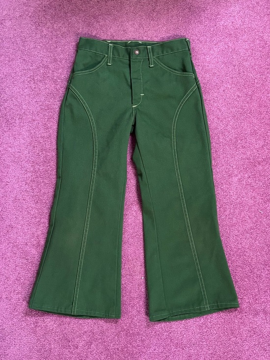 Denim - Green Super Denim Flare Jeans White Stitch 70s Hippie Style